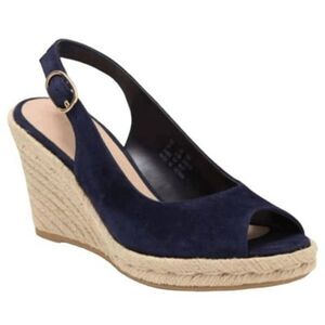Stuart Weitzman Jean Blue Suede Slingback Cork Wedge Heel Sandal Size 8